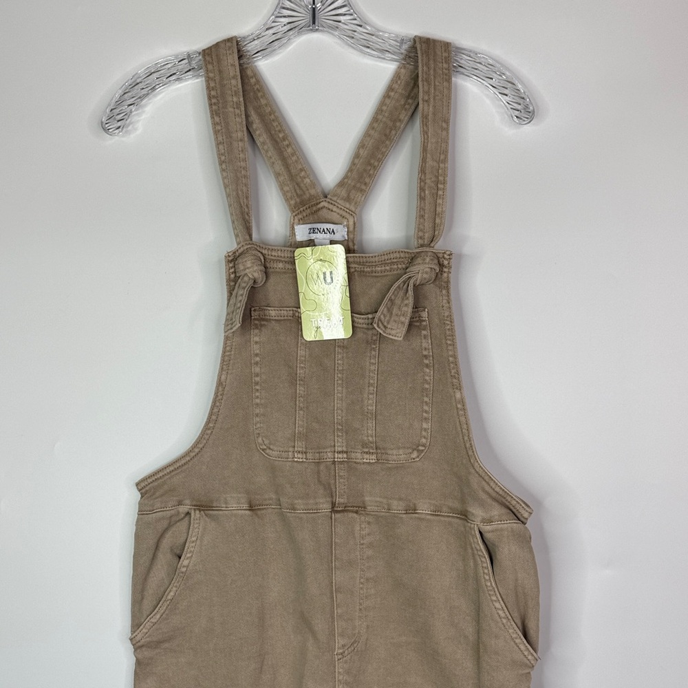 Zenana Washed Knot Strap Mocha Beige Overalls NWT Medium - Picture 2 of 10